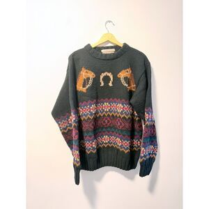 Heather & Tweed Hand Knitted 100% Shetland Wool Sweater Large Horse Horseshoe